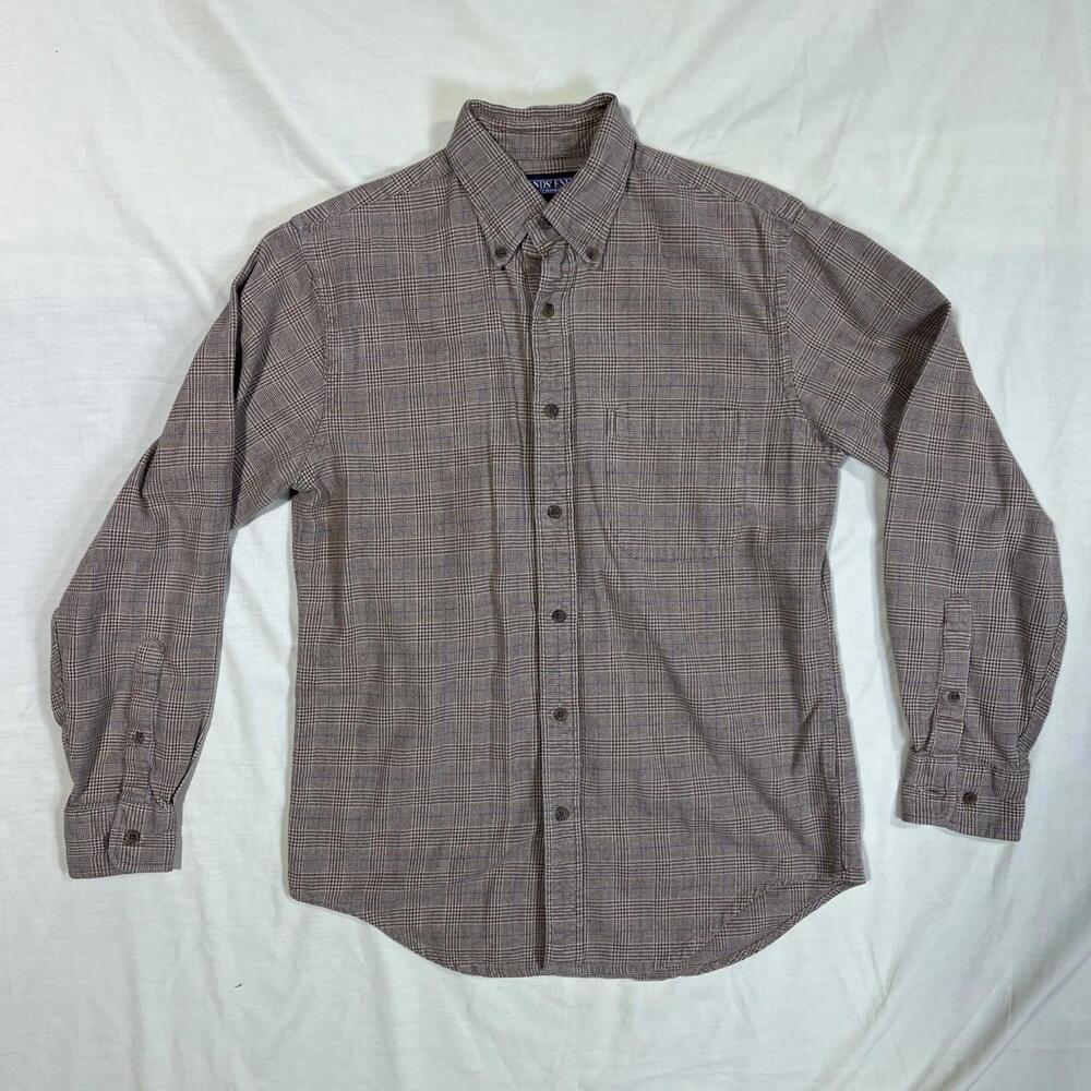 Lands' End Men's S Long Sleeve Button-Up Houndstooth Plaid Flannel Brown Khaki